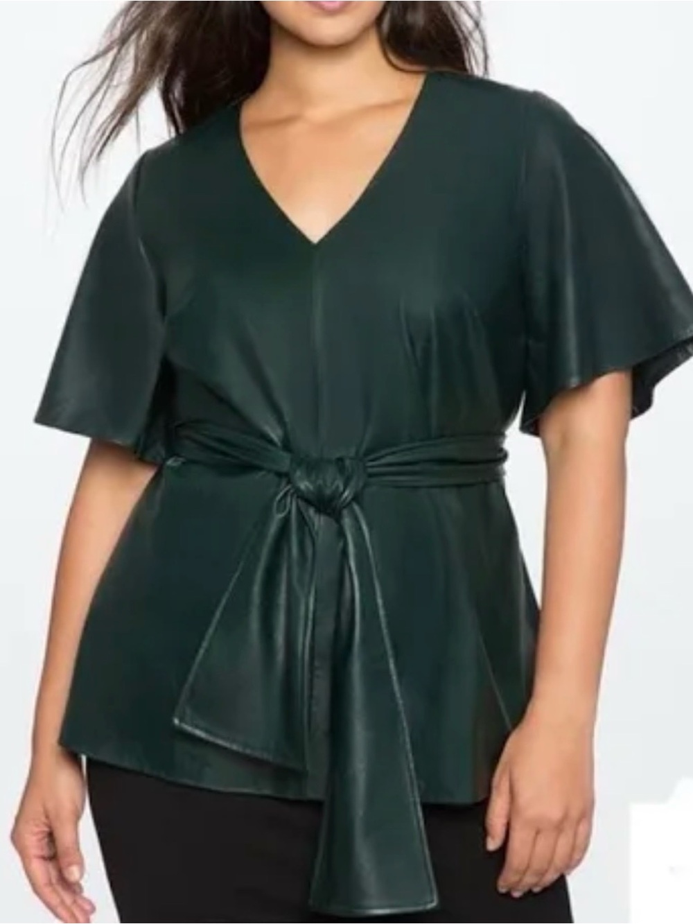 Eloquii Forest Green V-Neck Tie-Waist Faux Leather Blouse, 22W
